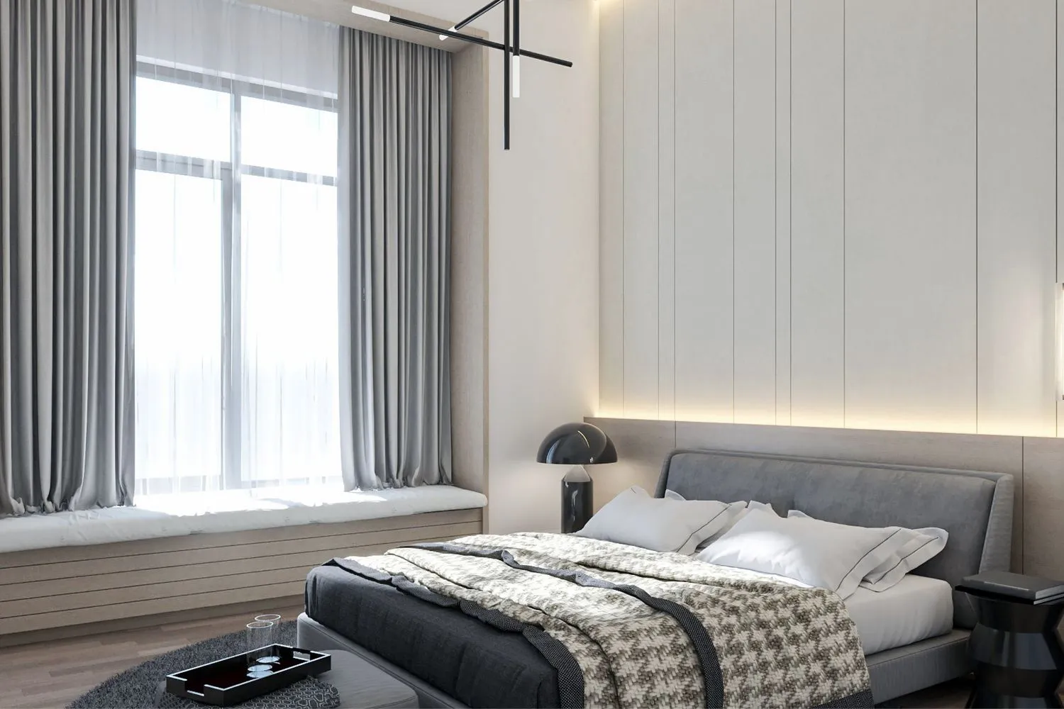 Camera d’albergo rinnovata: letto matrimoniale, boiserie chiara retroilluminata dietro la testata e tende a tutta altezza